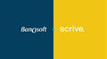 Image showing logos for Banqsoft and Scrive, partnering from September 2023. Blue background and warm yellow background.